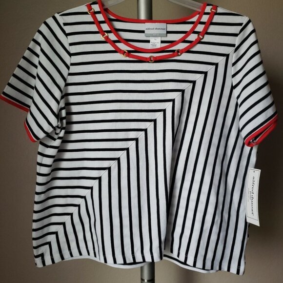 ALFRED DUNNER PETITE BARCELONA TOP—BLACK & WHITE STRIPED PXL - Picture 1 of 2